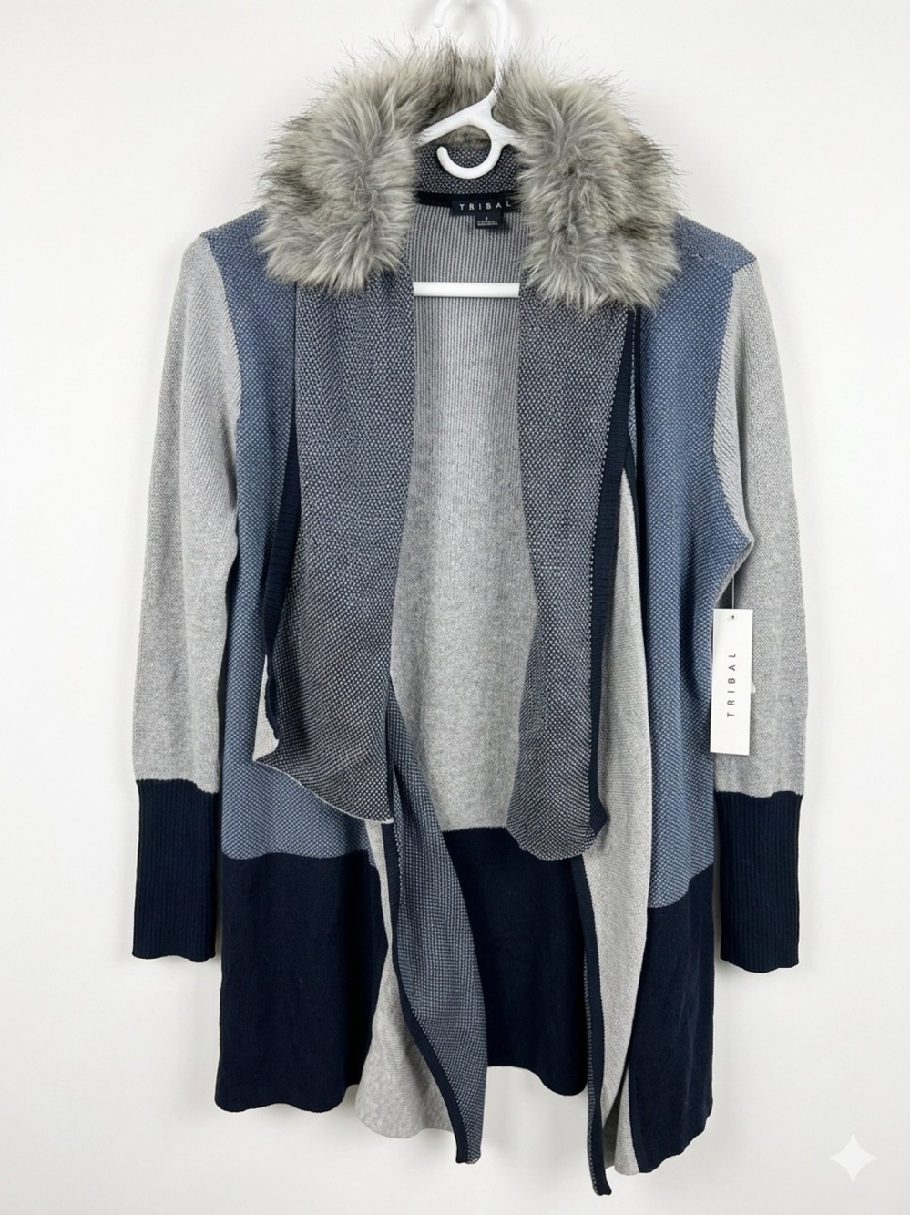 Tribal Colorblock Open-Front Cardigan with Faux Fur Collar - Gray & Navy
